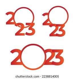 Set 2023 Happy New Year text design. Collection of symbols of 2023 Happy New Year. Large circle and blank space for design. Greeting card, Concept of New Year celebration. Vector illustration
