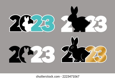 A set of 2023 logos with rabbits. The Chinese New Year. A cool, modern, and trendy vector illustration.