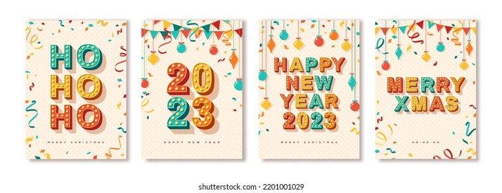 Set of 2023 Merry Christmas and Happy New Year cards or banners with retro typography font design. Vector illustration. Holiday poster, vintage baubles confetti, hanging flag garland. Place for text