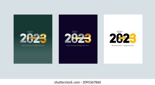 Set of 2023 New Year card for real estate company. Happy new year 2023 concept with golden key and door lock. Realty design. Welcome home. Vector illustration. Isolated on black background.