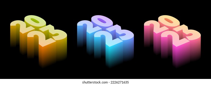 Set of 2023 new year card with modern gradient style 3d realistic year number. 3D illustration. Volumetric digits 2023 at an angle, place for text for New Year's greetings, New Year corporate banner