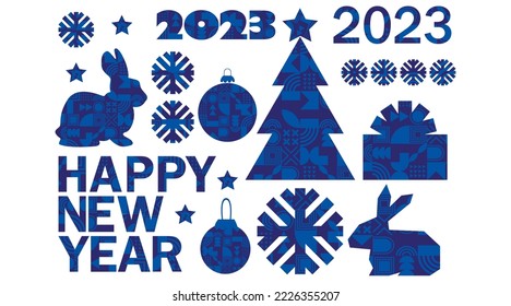 Set of 2023 new year merry christmas design ellements. abstract geometric shape. Christmas tree, snowflake,bunny, rabbit.