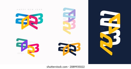 Set of 2023 New Year numbers with gradient color. 2023 Happy New Year logo text design. Number design template. Greeting card template. Christmas symbols for your design. Illustration with labels.