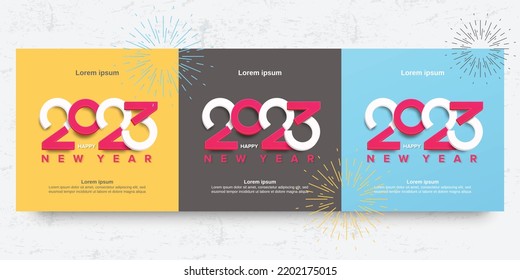 Conjunto de plantilla cuadrada de año nuevo 2023. Celebración del año nuevo 2023 con el concepto de número 3D. plantilla de 2023