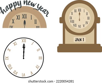 Set of 2023 New Year's clocks isolated on a white background. Flat and 3d template for Christmas greeting card design and decoration. Vector illustration.