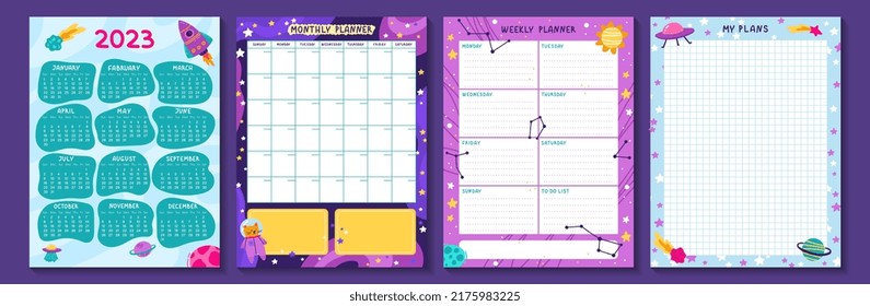 Set of 2023 table calendar week. Calendar posters for children with astronauts, rockets, planets and aliens. Planners for schoolchildren. Cartoon flat vector collection isolated on purple background svg