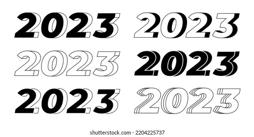 Conjunto de diseño de texto de 2023. Ilustración vectorial en blanco y negro en un fondo blanco. plantilla de diseño de números 2023. 