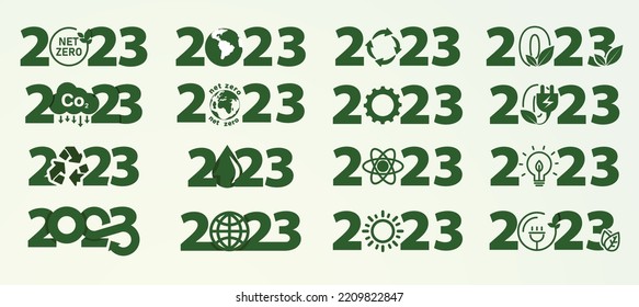 set of 2023 year 16 sets happy new year logo text design green of environment 2023 number design template collection, symbol, happy new year vector illustration on white background.