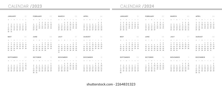 Set of 2023-2024 Annual Calendar template. Vector layout of a wall or desk simple calendar with week start monday.