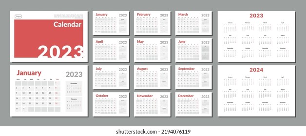 Set von Kalenderplanern 2023-2024 mit Platz für Foto und Firmenlogo. Vektorgrafik einer Wand oder Schreibtisch einfachen Kalender mit Woche beginnt montags. Kalendergitter in grauer Farbe für den Druck