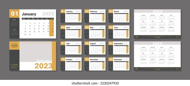 Set of 2023-2024 Calendar Planner Template, and cover with Place for Photo, Company Logo. Vector layout of a wall or desk simple calendar with week start monday in yellow and grey color for print