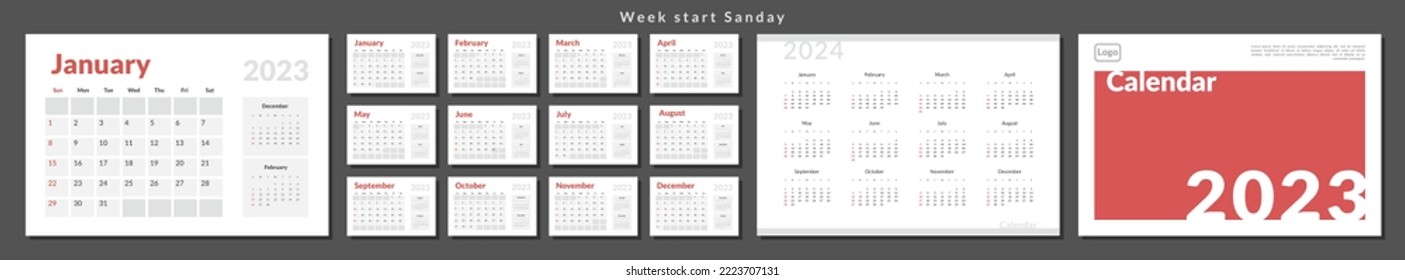 Set of 2023-2024 Calendar Planner Template and cover with Place for Photo, Company Logo. Vector layout of a wall or desk simple calendar with week start sunday. Calendar grid in grey color for print