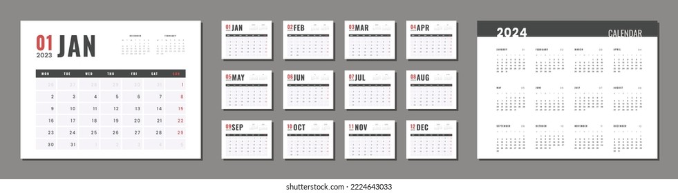 Set von Kalenderplanvorlage 2023-2024. Vektor-einfache graue Rasterstruktur für Wand- oder Schreibtischkalender mit Wochenstart Montag für Druck