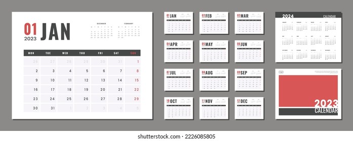 Conjunto de plantilla de planificador de calendarios 2023-2024 y portada con el logotipo de la empresa Place for Photo. Diseño de rejilla gris simple vectorial para pared o calendario de escritorio con inicio de semana el lunes para impresión