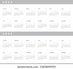 Set of 2024, 2025 Annual Calendar template. Vector layout of a wall or desk simple calendar with week start monday. Horizontal Calendar design in black and white colors, holidays in red colors.