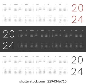 Set of 2024 Annual Calendar template. Vector layout of a wall or desk simple calendar with week start Monday. Horizontal Calendar design in black and white colors, holidays in red colors.