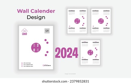 Set of 2024 bundle Wall calender planner design template with place for photo company logo. Vector layout of a wall simple calendar with week start Sunday. Calendar in purple color for print.