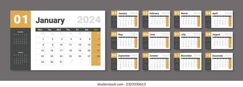 Set of 2024 Calendar Planner Template. Vector layout of a wall or desk simple calendar with week start monday in yellow and grey color for print