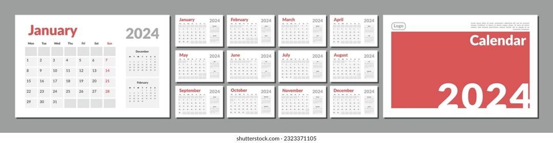 Set of 2024 Calendar Planner Template with Place for Photo and Company Logo. Vector layout of a wall or desk simple calendar with week start monday. Calendar grid in grey color for print