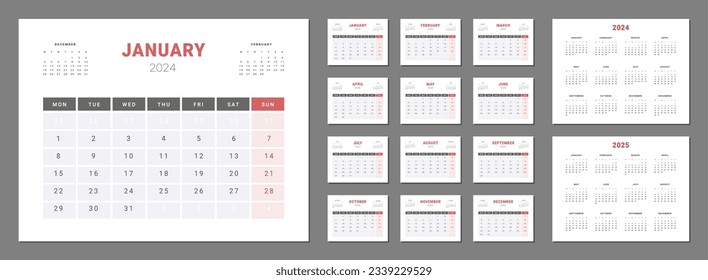Set of 2024 Calendar Planner Template with annuals calendars 2024, 2025 years. Vector layout of a wall or desk simple calendar with week start monday. Calendar grid in grey, red color for print