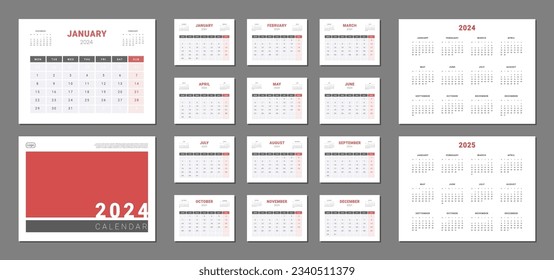 Conjunto de plantilla de planificador de calendarios 2024 con calendarios de portada y anuales 2024, 2025. Diseño vectorial de una pared o un calendario simple de escritorio con semana de inicio lunes. Cuadrícula de calendario en gris, color rojo para impresión