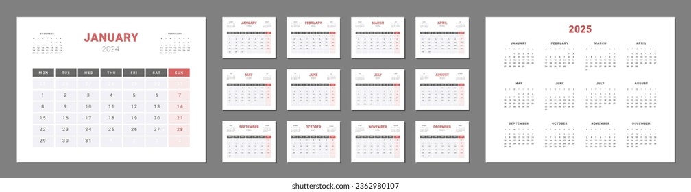 Set of 2024 Calendar Planner Template with annual calendar 2025. Vector layout of a wall or desk simple calendar with week start monday. Calendar grid in grey, red color for print