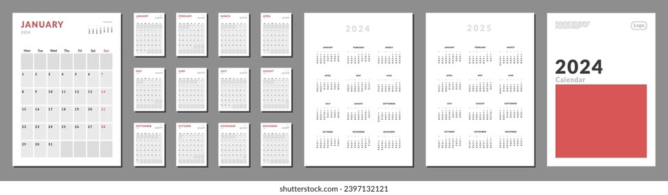 Set of 2024 Calendar Planner Template with Place for Photo,Company Logo and annual calendar on 2024-2025. Vector layout of a wall or desk simple calendar with week start Monday for print