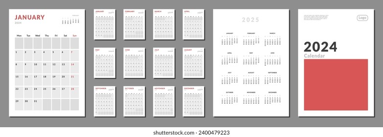 Set of 2024 Calendar Planner Template with Place for Photo and Company Logo and annual calendar on 2025. Vector layout of a wall or desk simple calendar with week start Monday. Calendar grid for print