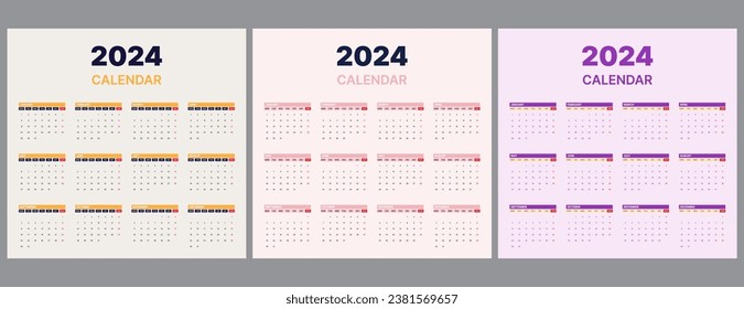 set of 2024 calendar vector design with three option color theme