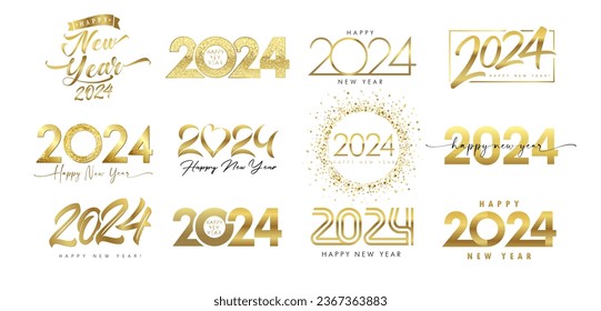 Set of 2024 golden color Happy New Year logo text design. Gold number vector illustrationon on a white background. Creative luxury Xmas greetings and new year 2024 celebration