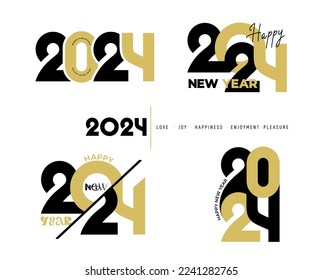 Conjunto de diseño de texto del logo de Año Nuevo Feliz 2024. plantilla de diseño de números 2024. Diseño de tarjetas de felicitación, carteles, portadas de vacaciones. Plantillas de navidad con tipografía y deseos de temporada en estilo moderno minimalista