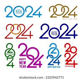 Set of 2024 Happy New Year digits designs. Big collection of 2024 logo for any web design and print templates, such as greeting cards, banners, diaries, notebooks, calendars. Vector illustration 