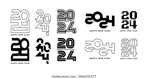 Set of 2024 Happy New Year logo text design template. Christmas symbols 2024 Happy New Year. Vector illustration with black labels logo for diaries, notebooks, calendars.