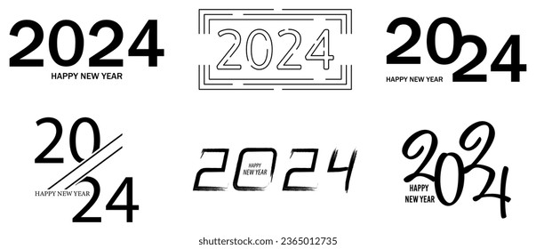 Set of 2024 Happy New Year black logo text design. Collection of symbols of 2024 Happy New Year. Vector illustration
