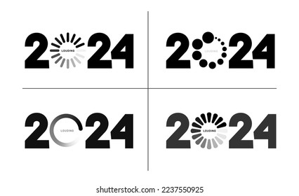Set of 2024 loading. New year download screen. Progress bar almost reaching new years eve. Vector element for web design. Round progress bar. 2024 Wait data progressions download indicator.