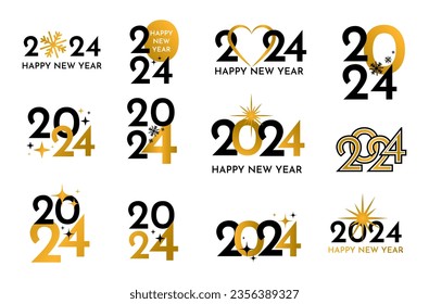 Set von 2024 Logos und Kompositionen mit Sternbildern für glückliches neues Jahr, goldene Schrift in Vektorgrafik