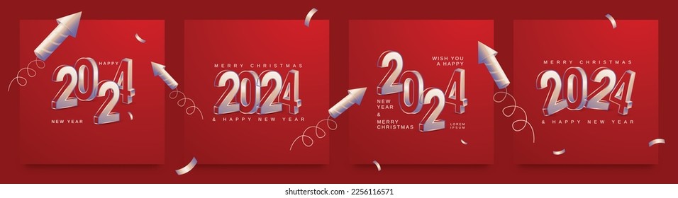 Set of 2024 new year with 3D number on red background. New year and Christmas 2024 background template for greeting card, banner, poster, flyer and post media
