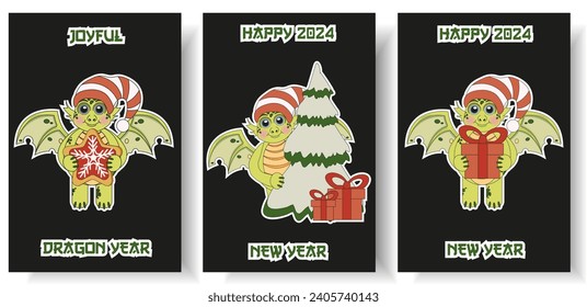 Set 2024 New Year card cover with cartoon Dragon in trendy Groovy style. Collection posters with symbol Chinese New Year. Vector illustration can used t-shirt print, web and social media banner.