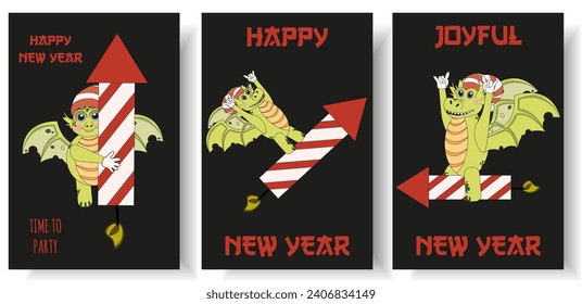 Set 2024 New Year card cover with cartoon Dragon in trendy Groovy style. Collection posters with symbol Chinese New Year. Vector illustration can used t-shirt print, web and social media banner.