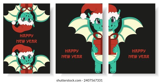 Set 2024 New Year card cover with cartoon Dragon in trendy Groovy style. Collection posters with symbol Chinese New Year. Vector illustration can used t-shirt print, web and social media banner.