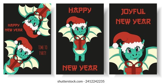 Set 2024 New Year card cover with cartoon Dragon in trendy Groovy style. Collection posters with symbol Chinese New Year. Vector illustration can used t-shirt print, web and social media banner.