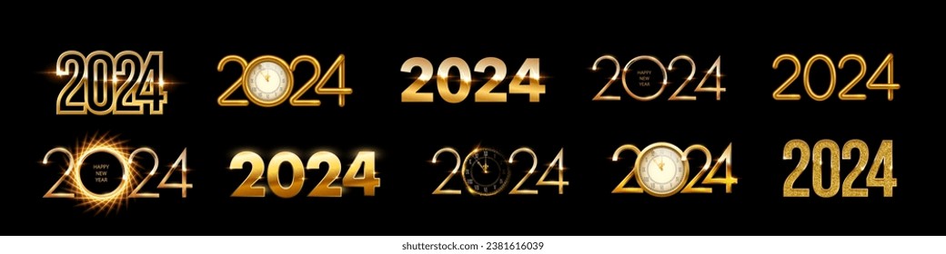 Set of 2024 New Year gold numbers for greeting cards, banners or posters vector illustration. Different 2024 golden numbers templates with glow light effect, clocks and shining ring isolated on black