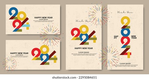 Set of 2024 new year greeting card. 2024 new year design with full color on texture background