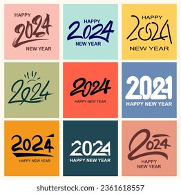 Set of 2024 number calligraphy text design template. 2024 Happy New Year typography logo, hand drawn ink brush, pen sketch style . Vector monochrome illustration isolated on colorful background