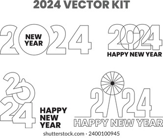 Set of 2024 number design template. 2024 Happy New Year logo text design. Christmas collection of 2024 Happy New Year. Vector illustration with black labels logo for diaries, notebooks, calendars.