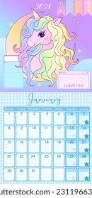 Set of 2024 table calendar monts. Calendar posters for children with unicorn. Planners for schoolchildren. Cartoon flat vector collection isolated kawaii organizer