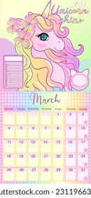 Set of 2024 table calendar monts. Calendar posters for children with unicorn. Planners for schoolchildren. Cartoon flat vector collection isolated kawaii organizer