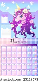 Set of 2024 table calendar monts. Calendar posters for children with unicorn. Planners for schoolchildren. Cartoon flat vector collection isolated kawaii organizer