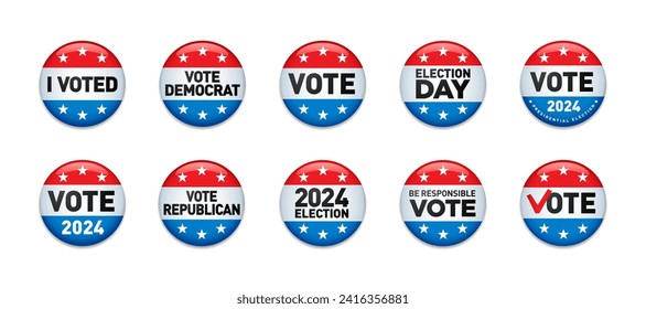 Set of 2024 United States of America Presidential Election Buttons.