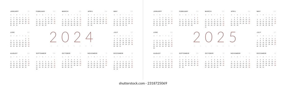 Set of 2024-2025 Annual Calendar template. Vector layout of a wall or desk simple calendar with week start monday. Horizontal Calendar design in black and white colors, holidays in red colors.